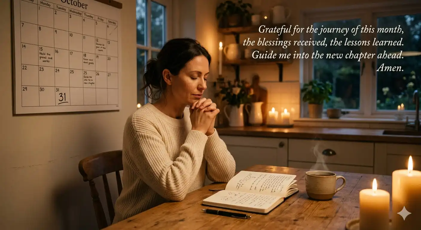 Woman praying in thanksgiving at month's end — short prayer of thanksgiving for the end of the month