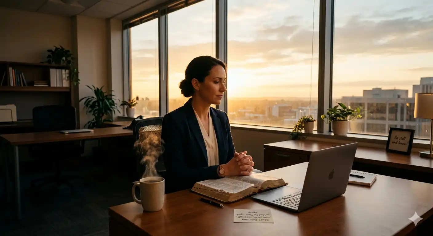 Professional praying at office desk — short prayer to start a new day at work